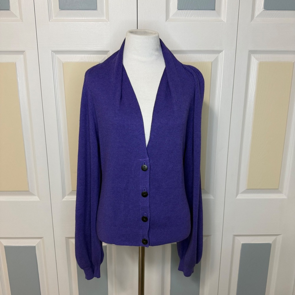 Cabi 5834 Sunday Cardigan Purple Ribbed Shawl Collar Button Front‎ Puff Sleeve S